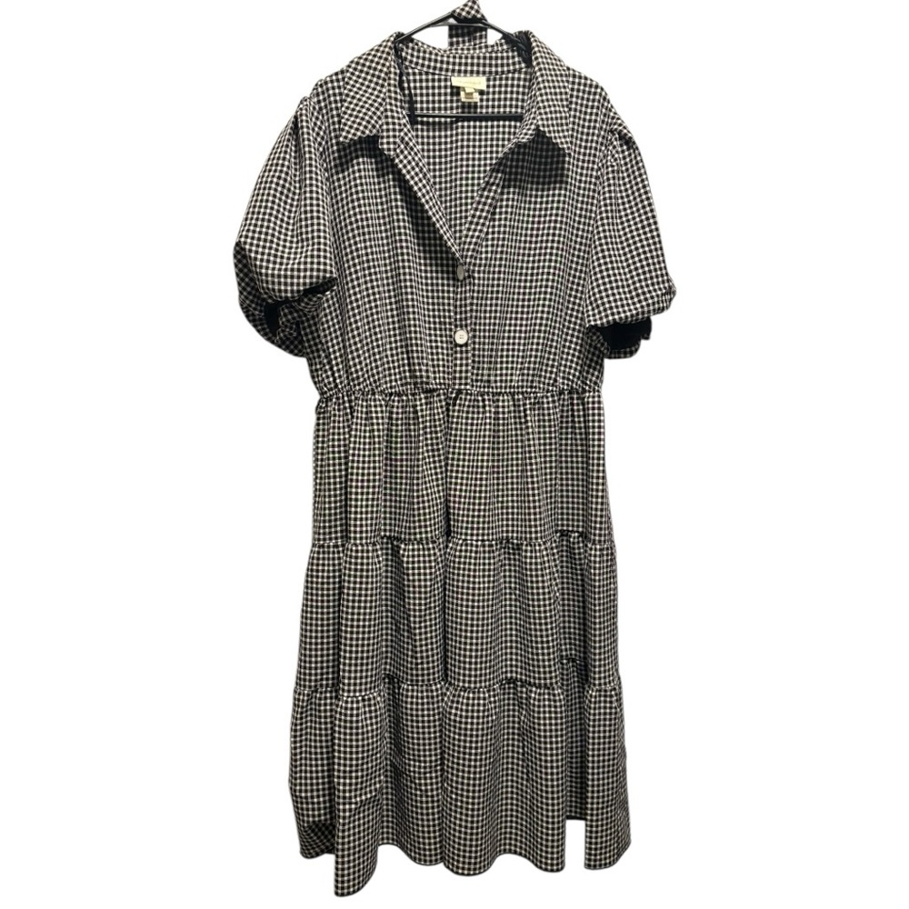 Be Guided Black White Gingham V Neck Tiered Midi Dress 3X